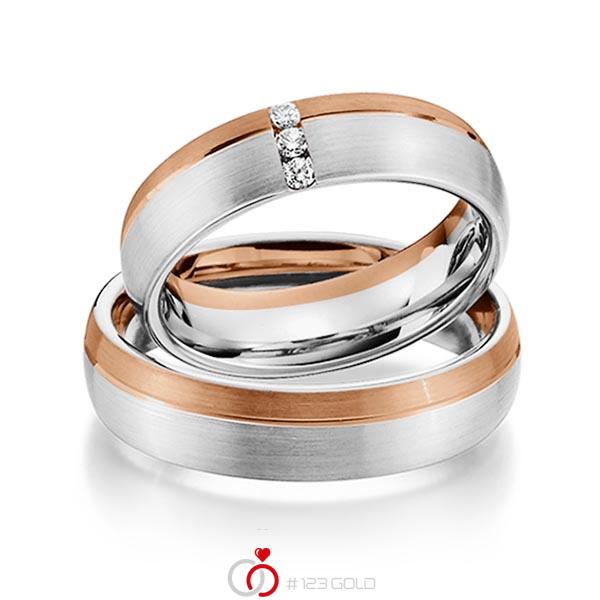 Set Bicolor trouwringen in roodgoud 14 kt. witgoud 14 kt. met in totaal 0,075 ct. Briljant tw/si van Steinberg - Q-1338-3 Set Bicolor trouwringen in roodgoud 14 kt. witgoud 14 kt. met in totaal 0,075 ct. Briljant tw/si van Steinberg - Q-1338-3