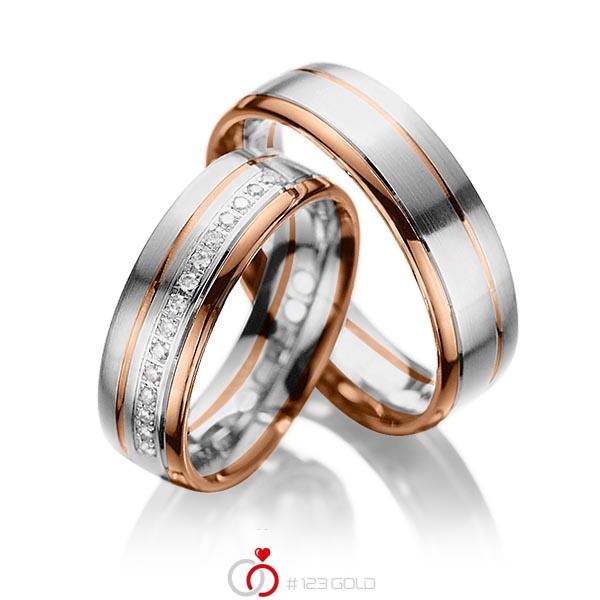 Set Bicolor trouwringen in roodgoud 14 kt. witgoud 14 kt. met in totaal 0,15 ct. Briljant tw/si van acredo - A-1034-9 Set Bicolor trouwringen in roodgoud 14 kt. witgoud 14 kt. met in totaal 0,15 ct. Briljant tw/si van acredo - A-1034-9