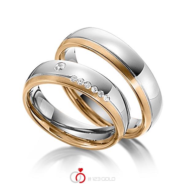 Set Bicolor trouwringen in roségoud 14 kt. grijsgoud 14 kt. met in totaal 0,1 ct. Briljant tw/si van Steinberg - Q-1339-9 Set Bicolor trouwringen in roségoud 14 kt. grijsgoud 14 kt. met in totaal 0,1 ct. Briljant tw/si van Steinberg - Q-1339-9