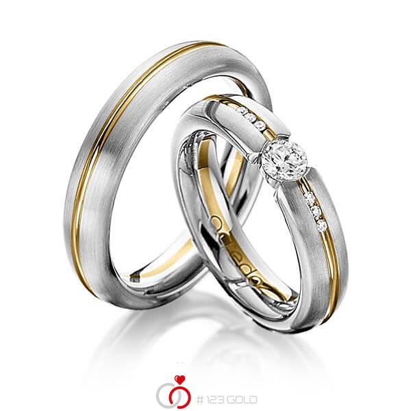 Set Bicolor trouwringen in witgoud 14 kt. geelgoud 14 kt. met 0,3 ct. + in totaal 0,048 ct. Briljant tw/si van acredo - A-1122-8 Set Bicolor trouwringen in witgoud 14 kt. geelgoud 14 kt. met 0,3 ct. + in totaal 0,048 ct. Briljant tw/si van acredo - A-1122-8