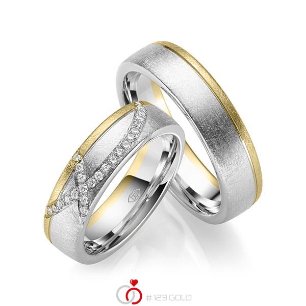 Set Bicolor trouwringen in witgoud 14 kt. geelgoud 14 kt. met in totaal 0,168 ct. Briljant tw/si - UQ-1050-4 Set Bicolor trouwringen in witgoud 14 kt. geelgoud 14 kt. met in totaal 0,168 ct. Briljant tw/si - UQ-1050-4