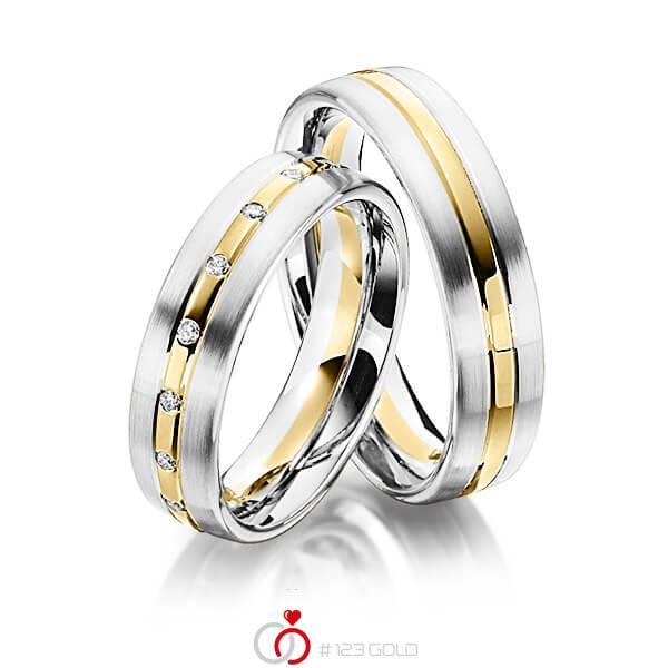Set Bicolor trouwringen in witgoud 14 kt. geelgoud 14 kt. met in totaal 0,17 ct. Briljant tw/si van Steinberg - Q-1345-2 Set Bicolor trouwringen in witgoud 14 kt. geelgoud 14 kt. met in totaal 0,17 ct. Briljant tw/si van Steinberg - Q-1345-2