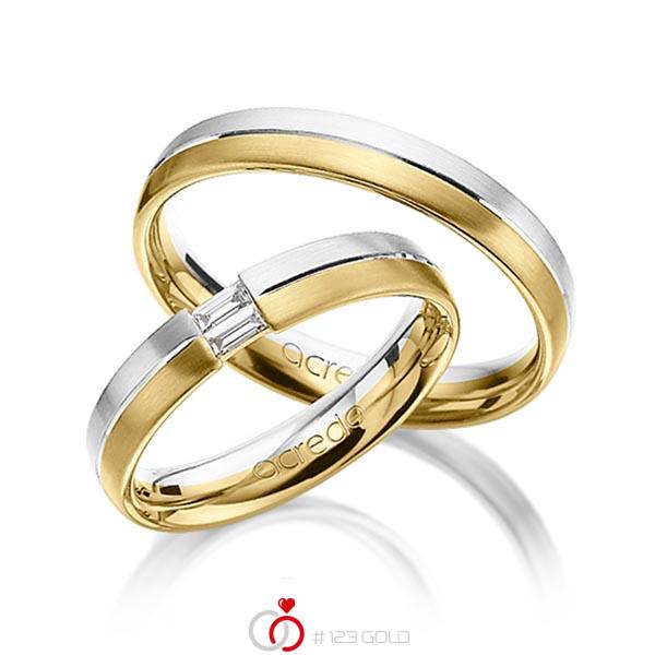 Set Bicolor trouwringen in witgoud 14 kt. geelgoud 14 kt. met in totaal 0,1 ct. Baguette-Diamant tw,vs van acredo - A-1293-2 Set Bicolor trouwringen in witgoud 14 kt. geelgoud 14 kt. met in totaal 0,1 ct. Baguette-Diamant tw,vs van acredo - A-1293-2