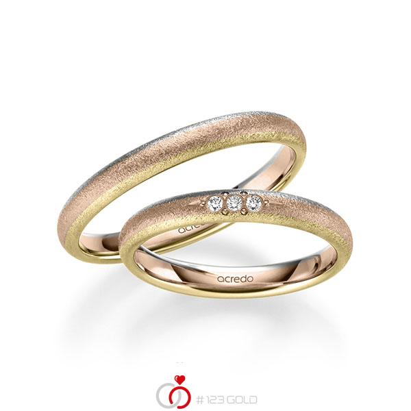 Set Bicolor trouwringen in witgoud 14 kt. roodgoud 14 kt. geelgoud 14 kt. met in totaal 0,045 ct. Briljant tw/si van acredo - S-1258-17 Set Bicolor trouwringen in witgoud 14 kt. roodgoud 14 kt. geelgoud 14 kt. met in totaal 0,045 ct. Briljant tw/si van acredo - S-1258-17