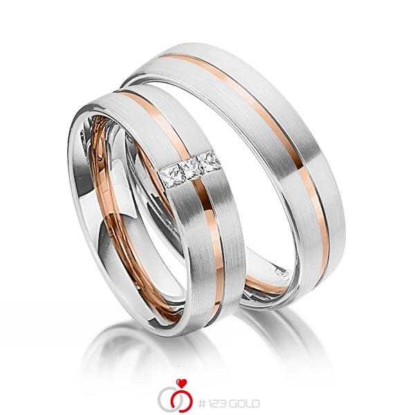 Set Bicolor trouwringen in witgoud 14 kt. roodgoud 14 kt. met in totaal 0,09 ct. Princess-Diamant tw/si van Steinberg - Q-1344-3 Set Bicolor trouwringen in witgoud 14 kt. roodgoud 14 kt. met in totaal 0,09 ct. Princess-Diamant tw/si van Steinberg - Q-1344-3