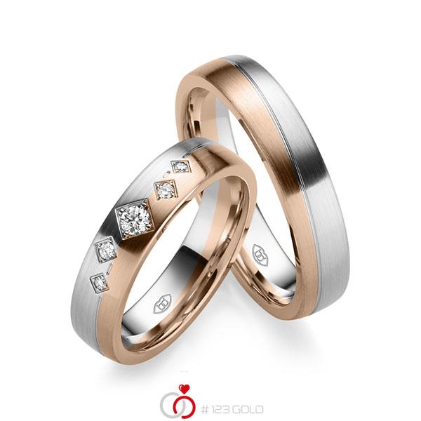 Set Bicolor trouwringen in witgoud 14 kt. roodgoud 14 kt. met in totaal 0,116 ct. Briljant w,si - UQ-1006-2 Set Bicolor trouwringen in witgoud 14 kt. roodgoud 14 kt. met in totaal 0,116 ct. Briljant w,si - UQ-1006-2