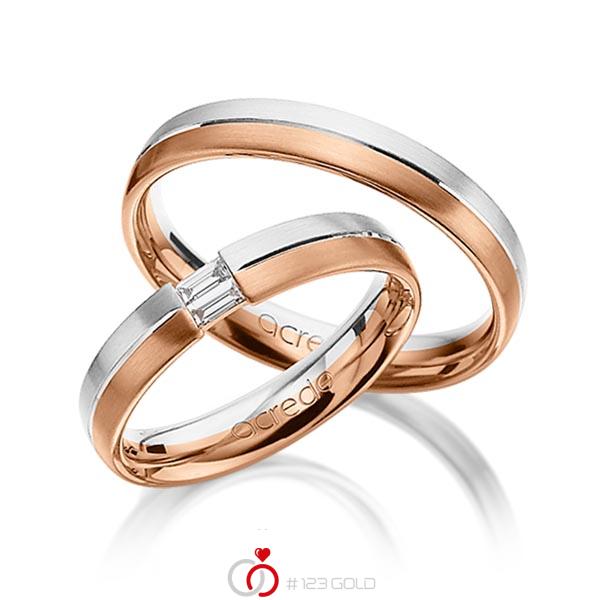 Set Bicolor trouwringen in witgoud 14 kt. roodgoud 14 kt. met in totaal 0,1 ct. Baguette-Diamant tw,vs van acredo - A-1293-3 Set Bicolor trouwringen in witgoud 14 kt. roodgoud 14 kt. met in totaal 0,1 ct. Baguette-Diamant tw,vs van acredo - A-1293-3