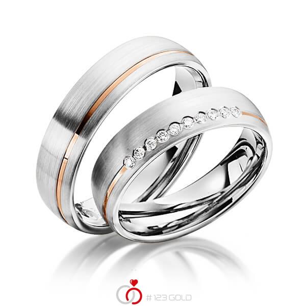 Set Bicolor trouwringen in witgoud 14 kt. roodgoud 14 kt. met in totaal 0,1 ct. Briljant tw/si van Steinberg - Q-1346-3 Set Bicolor trouwringen in witgoud 14 kt. roodgoud 14 kt. met in totaal 0,1 ct. Briljant tw/si van Steinberg - Q-1346-3
