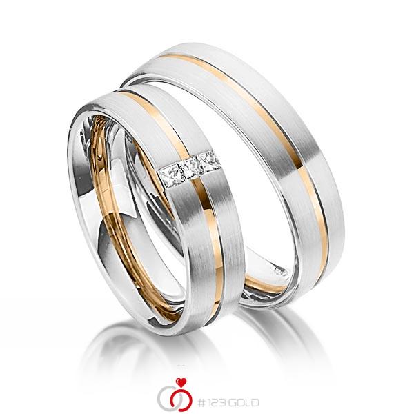Set Bicolor trouwringen in witgoud 14 kt. roségoud 14 kt. met in totaal 0,09 ct. Princess-Diamant tw/si van Steinberg - Q-1344-1 Set Bicolor trouwringen in witgoud 14 kt. roségoud 14 kt. met in totaal 0,09 ct. Princess-Diamant tw/si van Steinberg - Q-1344-1