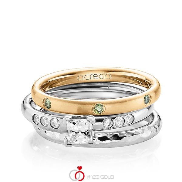 Set in roségoud 14 kt. met in totaal 0,46 ct. Briljant & Princess-Diamant Apple Green tw,vs tw/si van acredo - A-1289-1 Set in roségoud 14 kt. met in totaal 0,46 ct. Briljant & Princess-Diamant Apple Green tw,vs tw/si van acredo - A-1289-1