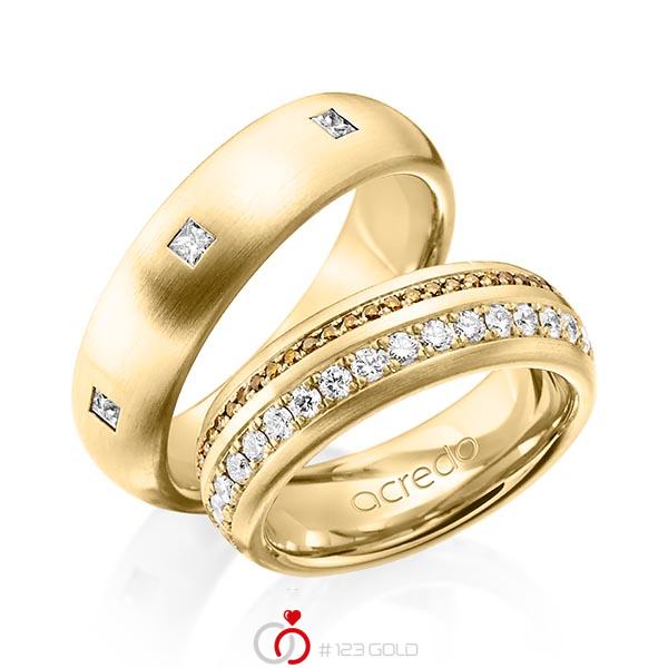 Set klassieke Memoire-trouwringen in buiten geelgoud 14 kt. , binnen geelgoud 14 kt. volledig gezet met in totaal 1,59 ct. Briljant & Princess-Diamant Cognac r,if van acredo - A-1254-6 Set klassieke Memoire-trouwringen in buiten geelgoud 14 kt. , binnen geelgoud 14 kt. volledig gezet met in totaal 1,59 ct. Briljant & Princess-Diamant Cognac r,if van acredo - A-1254-6