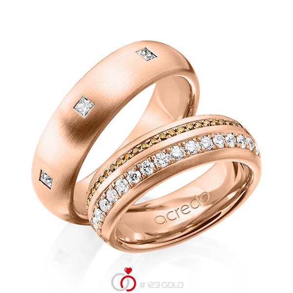 Set klassieke Memoire-trouwringen in buiten roodgoud 14 kt. , binnen roodgoud 14 kt. volledig gezet met in totaal 1,59 ct. Briljant & Princess-Diamant Cognac r,if van acredo - A-1254-5 Set klassieke Memoire-trouwringen in buiten roodgoud 14 kt. , binnen roodgoud 14 kt. volledig gezet met in totaal 1,59 ct. Briljant & Princess-Diamant Cognac r,if van acredo - A-1254-5