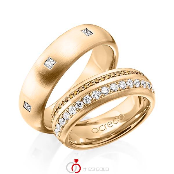 Set klassieke Memoire-trouwringen in buiten roségoud 14 kt. , binnen roségoud 14 kt. volledig gezet met in totaal 1,59 ct. Briljant & Princess-Diamant Cognac r,if van acredo - A-1254-7 Set klassieke Memoire-trouwringen in buiten roségoud 14 kt. , binnen roségoud 14 kt. volledig gezet met in totaal 1,59 ct. Briljant & Princess-Diamant Cognac r,if van acredo - A-1254-7