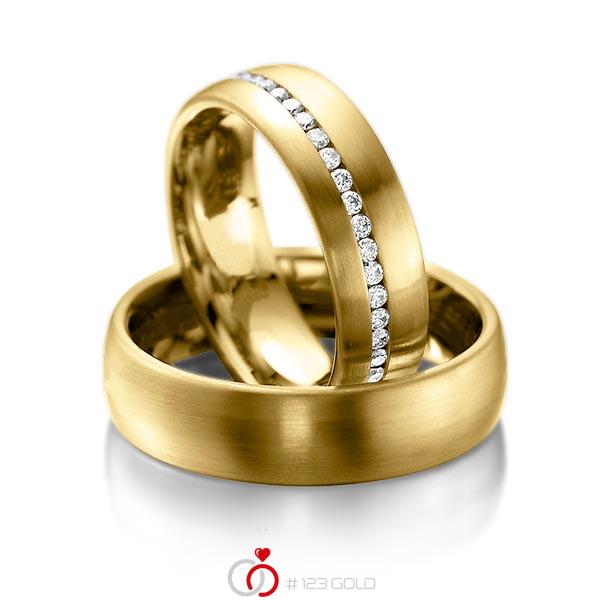 Set klassieke Memoire-trouwringen in geelgoud 14 kt. volledig gezet met in totaal 0,47 ct. Briljant tw/si van acredo - A-1014-9 Set klassieke Memoire-trouwringen in geelgoud 14 kt. volledig gezet met in totaal 0,47 ct. Briljant tw/si van acredo - A-1014-9