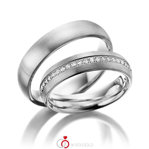 Set Klassieke Memoire-trouwringen in grijsgoud 14 kt. half gezet met in totaal 0,21 ct. Briljant tw/si - NP-1028-5 Set Klassieke Memoire-trouwringen in grijsgoud 14 kt. half gezet met in totaal 0,21 ct. Briljant tw/si - NP-1028-5