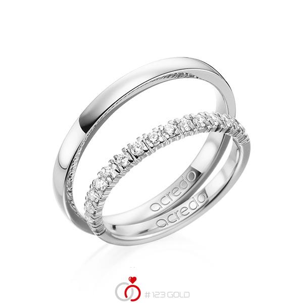Set klassieke Memoire-trouwringen in grijsgoud 14 kt. half gezet met in totaal 0,32 ct. Briljant tw/si van acredo - A-1384-5 Set klassieke Memoire-trouwringen in grijsgoud 14 kt. half gezet met in totaal 0,32 ct. Briljant tw/si van acredo - A-1384-5