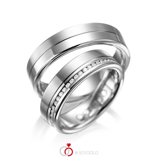 Set Klassieke Memoire-trouwringen in grijsgoud 14 kt. volledig gezet met in totaal 0,47 ct. Briljant tw/si van acredo - A-1005-3 Set Klassieke Memoire-trouwringen in grijsgoud 14 kt. volledig gezet met in totaal 0,47 ct. Briljant tw/si van acredo - A-1005-3