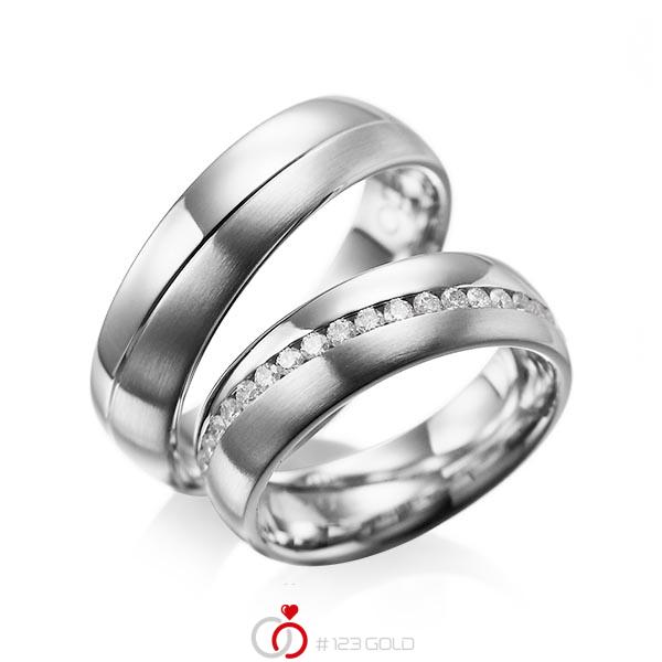 Set Klassieke Memoire-trouwringen in grijsgoud 14 kt. volledig gezet met in totaal 0,76 ct. Briljant tw/si van acredo - A-1100-4 Set Klassieke Memoire-trouwringen in grijsgoud 14 kt. volledig gezet met in totaal 0,76 ct. Briljant tw/si van acredo - A-1100-4