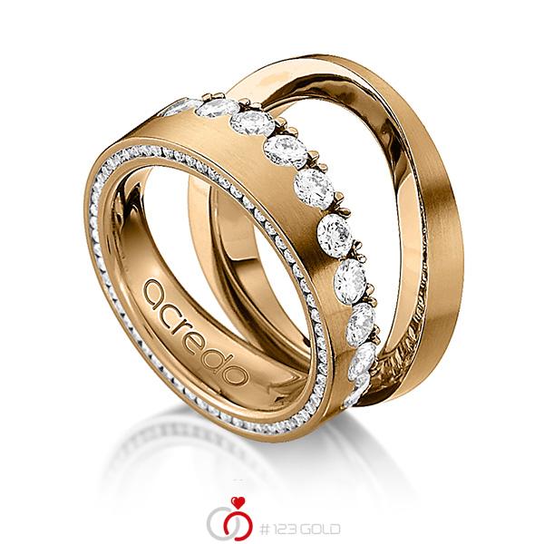 Set klassieke Memoire-trouwringen in roségoud 18 kt. half gezet met in totaal 1,385 ct. Briljant tw/si van acredo - A-1238-11 Set klassieke Memoire-trouwringen in roségoud 18 kt. half gezet met in totaal 1,385 ct. Briljant tw/si van acredo - A-1238-11
