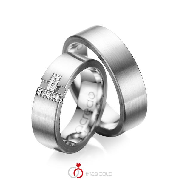 Set klassieke trouwringen in buiten grijsgoud 14 kt. , binnen grijsgoud 14 kt. met in totaal 0,155 ct. Baguette-Diamant & Briljant tw,vs tw/si van acredo - A-1066-10 Set klassieke trouwringen in buiten grijsgoud 14 kt. , binnen grijsgoud 14 kt. met in totaal 0,155 ct. Baguette-Diamant & Briljant tw,vs tw/si van acredo - A-1066-10