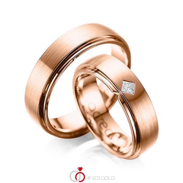 Set Klassieke trouwringen in buiten roodgoud 14 kt. , binnen roodgoud 14 kt. met in totaal 0,1 ct. Princess-Diamant tw/si van acredo - A-1061-10 Set Klassieke trouwringen in buiten roodgoud 14 kt. , binnen roodgoud 14 kt. met in totaal 0,1 ct. Princess-Diamant tw/si van acredo - A-1061-10