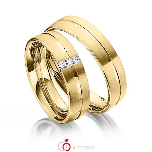 Set Klassieke trouwringen in geelgoud 14 kt. met in totaal 0,09 ct. Princess-Diamant tw/si van Steinberg - Q-1344-9 Set Klassieke trouwringen in geelgoud 14 kt. met in totaal 0,09 ct. Princess-Diamant tw/si van Steinberg - Q-1344-9