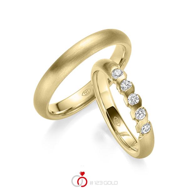 Set Klassieke trouwringen in geelgoud 14 kt. met in totaal 0,4 ct. Briljant tw/si - UQ-1021-3 Set Klassieke trouwringen in geelgoud 14 kt. met in totaal 0,4 ct. Briljant tw/si - UQ-1021-3