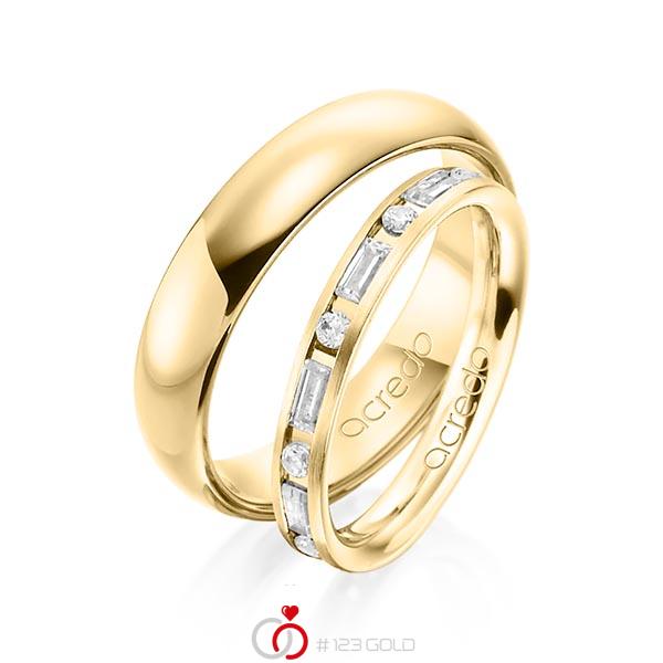 Set Klassieke trouwringen in geelgoud 14 kt. met in totaal 0,675 ct. Briljant & Baguette-Diamant tw/si tw,vs van acredo - A-1370-7 Set Klassieke trouwringen in geelgoud 14 kt. met in totaal 0,675 ct. Briljant & Baguette-Diamant tw/si tw,vs van acredo - A-1370-7