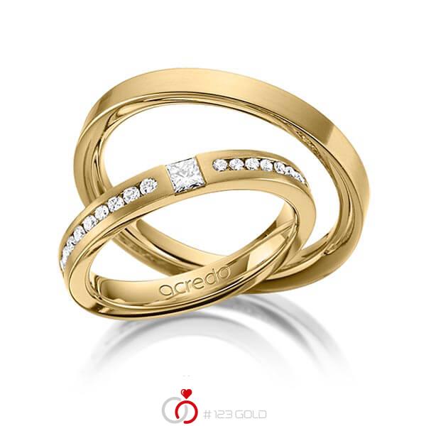 Set klassieke trouwringen in geelgoud 14 kt. met in totaal 0,72 ct. Briljant & Princess-Diamant tw/si van acredo - A-1241-2 Set klassieke trouwringen in geelgoud 14 kt. met in totaal 0,72 ct. Briljant & Princess-Diamant tw/si van acredo - A-1241-2