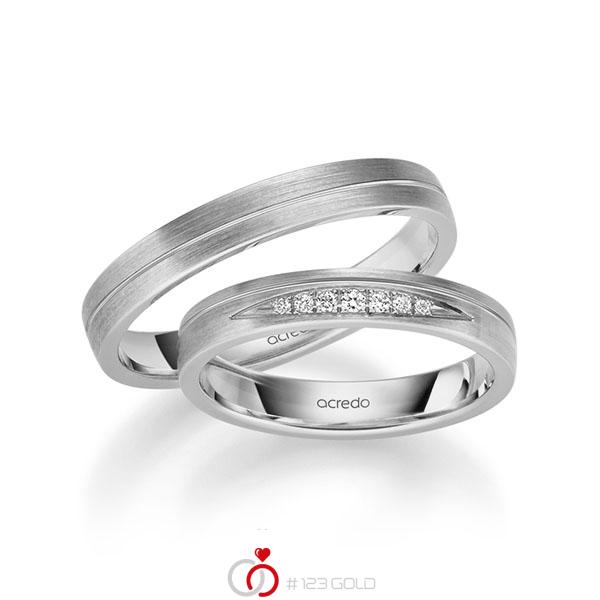 Set Klassieke trouwringen in grijsgoud 14 kt. met in totaal 0,061 ct. Briljant tw/si van acredo - S-1255-16 Set Klassieke trouwringen in grijsgoud 14 kt. met in totaal 0,061 ct. Briljant tw/si van acredo - S-1255-16
