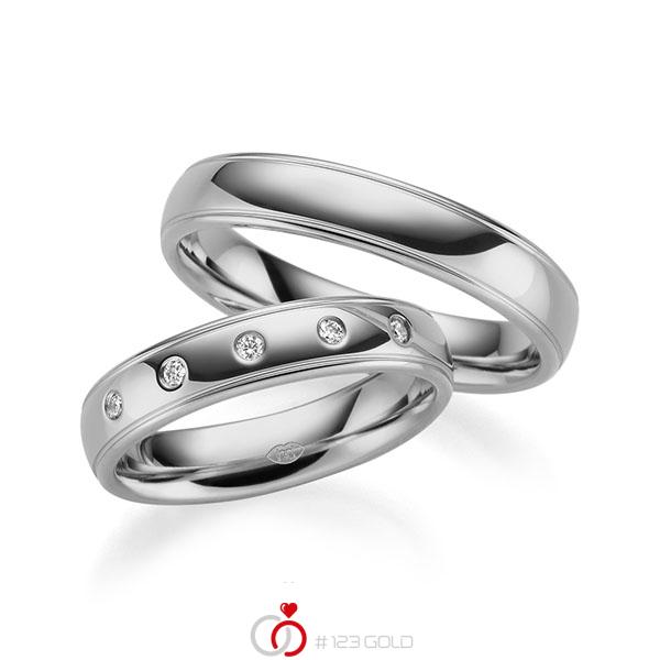 Set Klassieke trouwringen in grijsgoud 14 kt. met in totaal 0,075 ct. Briljant tw/si - UQ-1010-9 Set Klassieke trouwringen in grijsgoud 14 kt. met in totaal 0,075 ct. Briljant tw/si - UQ-1010-9