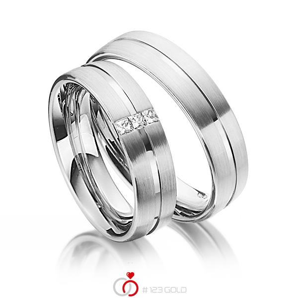 Set Klassieke trouwringen in grijsgoud 14 kt. met in totaal 0,09 ct. Princess-Diamant tw/si van Steinberg - Q-1344-7 Set Klassieke trouwringen in grijsgoud 14 kt. met in totaal 0,09 ct. Princess-Diamant tw/si van Steinberg - Q-1344-7