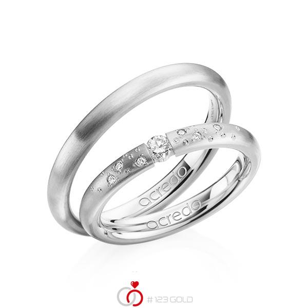 Set klassieke trouwringen in grijsgoud 14 kt. met in totaal 0,13 ct. Briljant tw/si van acredo - A-1291-3 Set klassieke trouwringen in grijsgoud 14 kt. met in totaal 0,13 ct. Briljant tw/si van acredo - A-1291-3