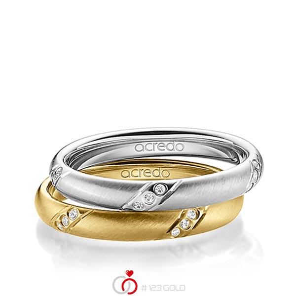 Set klassieke trouwringen in grijsgoud 14 kt. met in totaal 0,15 ct. Briljant tw/si van acredo - A-1391-5 Set klassieke trouwringen in grijsgoud 14 kt. met in totaal 0,15 ct. Briljant tw/si van acredo - A-1391-5