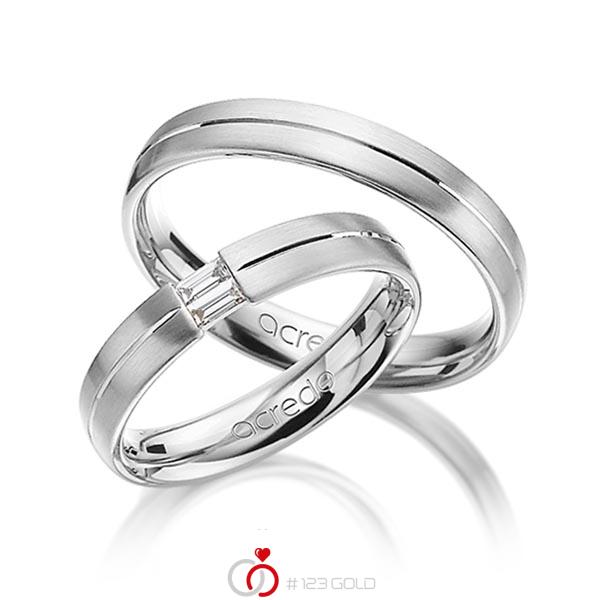 Set Klassieke trouwringen in grijsgoud 14 kt. met in totaal 0,1 ct. Baguette-Diamant tw,vs van acredo - A-1293-4 Set Klassieke trouwringen in grijsgoud 14 kt. met in totaal 0,1 ct. Baguette-Diamant tw,vs van acredo - A-1293-4