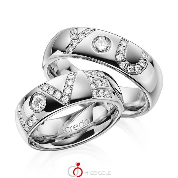 Set klassieke trouwringen in grijsgoud 18 kt. met in totaal 0,955 ct. Briljant tw/si van acredo - A-1253-3 Set klassieke trouwringen in grijsgoud 18 kt. met in totaal 0,955 ct. Briljant tw/si van acredo - A-1253-3