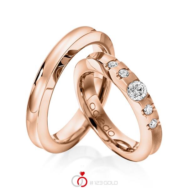 Set klassieke trouwringen in roodgoud 14 kt. met 0,3 ct. + in totaal 0,12 ct. Briljant tw/si van acredo - A-1118-7 Set klassieke trouwringen in roodgoud 14 kt. met 0,3 ct. + in totaal 0,12 ct. Briljant tw/si van acredo - A-1118-7