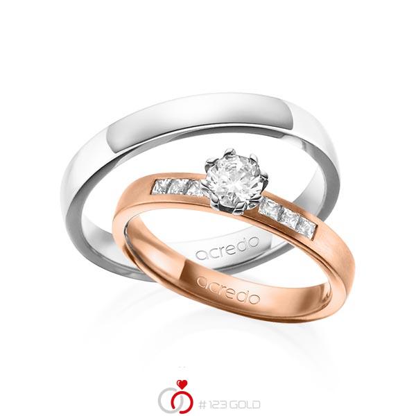 Set klassieke trouwringen in roodgoud 14 kt. met 0,4 ct. + in totaal 0,18 ct. Briljant & Princess-Diamant tw,vs tw/si van acredo - A-1379-3 Set klassieke trouwringen in roodgoud 14 kt. met 0,4 ct. + in totaal 0,18 ct. Briljant & Princess-Diamant tw,vs tw/si van acredo - A-1379-3