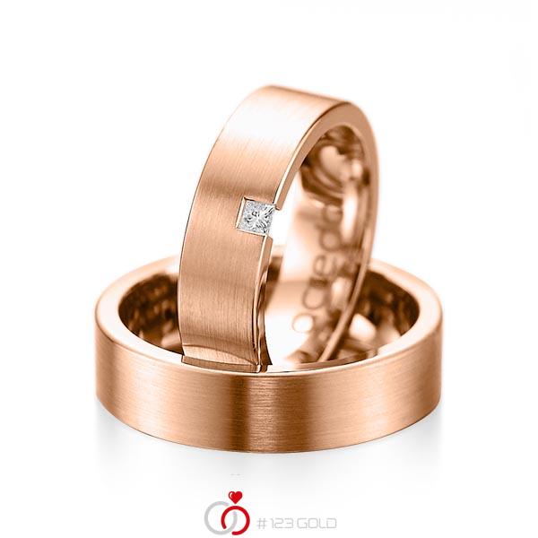 Set klassieke trouwringen in roodgoud 14 kt. met in totaal 0,05 ct. Princess-Diamant tw/si van acredo - A-1075-6 Set klassieke trouwringen in roodgoud 14 kt. met in totaal 0,05 ct. Princess-Diamant tw/si van acredo - A-1075-6