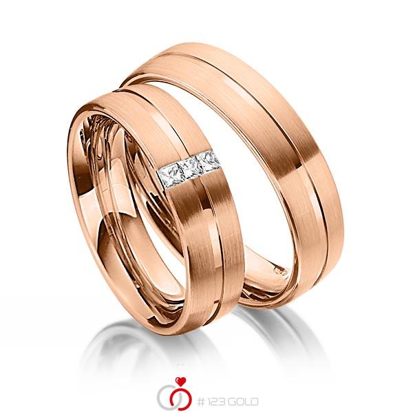 Set Klassieke trouwringen in roodgoud 14 kt. met in totaal 0,09 ct. Princess-Diamant tw/si van Steinberg - Q-1344-10 Set Klassieke trouwringen in roodgoud 14 kt. met in totaal 0,09 ct. Princess-Diamant tw/si van Steinberg - Q-1344-10