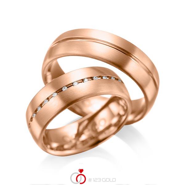 Set Klassieke trouwringen in roodgoud 14 kt. met in totaal 0,145 ct. Briljant tw/si van acredo - A-1012-7 Set Klassieke trouwringen in roodgoud 14 kt. met in totaal 0,145 ct. Briljant tw/si van acredo - A-1012-7