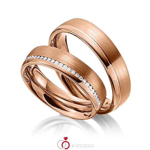 Set Klassieke trouwringen in roodgoud 14 kt. met in totaal 0,145 ct. Briljant tw/si van Steinberg - Q-1337-7 Set Klassieke trouwringen in roodgoud 14 kt. met in totaal 0,145 ct. Briljant tw/si van Steinberg - Q-1337-7