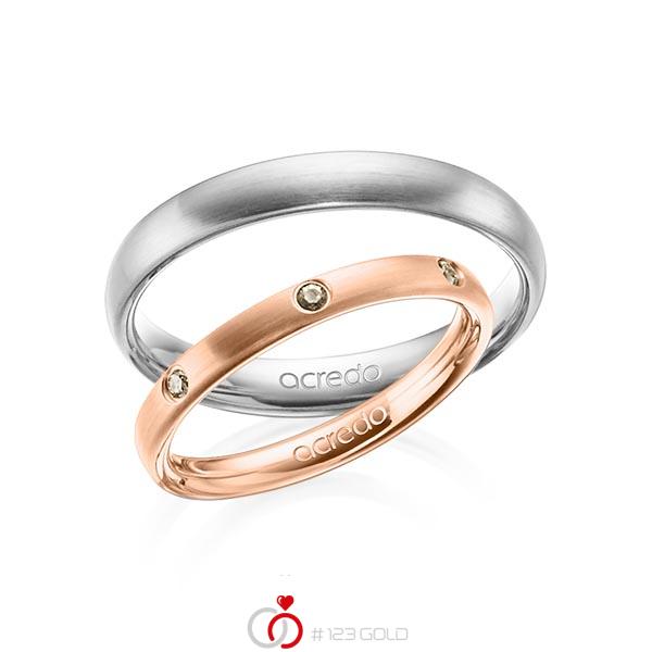 Set klassieke trouwringen in roodgoud 14 kt. met in totaal 0,14 ct. Briljant Cognac van acredo - A-1399-10 Set klassieke trouwringen in roodgoud 14 kt. met in totaal 0,14 ct. Briljant Cognac van acredo - A-1399-10