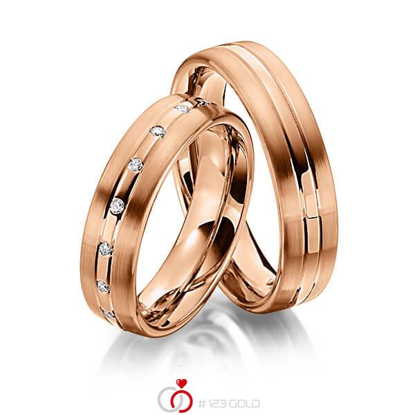 Set Klassieke trouwringen in roodgoud 14 kt. met in totaal 0,17 ct. Briljant tw/si van Steinberg - Q-1345-11 Set Klassieke trouwringen in roodgoud 14 kt. met in totaal 0,17 ct. Briljant tw/si van Steinberg - Q-1345-11