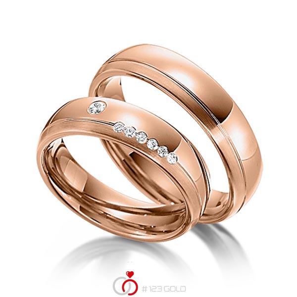 Set Klassieke trouwringen in roodgoud 14 kt. met in totaal 0,1 ct. Briljant tw/si van Steinberg - Q-1339-4 Set Klassieke trouwringen in roodgoud 14 kt. met in totaal 0,1 ct. Briljant tw/si van Steinberg - Q-1339-4