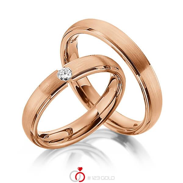 Set Klassieke trouwringen in roodgoud 14 kt. met in totaal 0,1 ct. Briljant tw/si van Steinberg - Q-1341-10 Set Klassieke trouwringen in roodgoud 14 kt. met in totaal 0,1 ct. Briljant tw/si van Steinberg - Q-1341-10