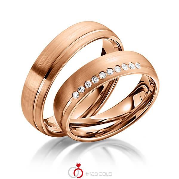 Set Klassieke trouwringen in roodgoud 14 kt. met in totaal 0,1 ct. Briljant tw/si van Steinberg - Q-1346-5 Set Klassieke trouwringen in roodgoud 14 kt. met in totaal 0,1 ct. Briljant tw/si van Steinberg - Q-1346-5