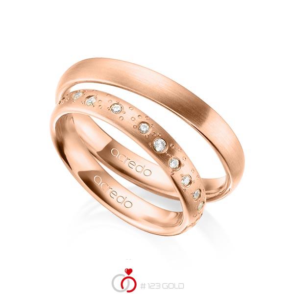 Set klassieke trouwringen in roodgoud 14 kt. met in totaal 0,221 ct. Briljant tw/si van acredo - A-1297-4 Set klassieke trouwringen in roodgoud 14 kt. met in totaal 0,221 ct. Briljant tw/si van acredo - A-1297-4