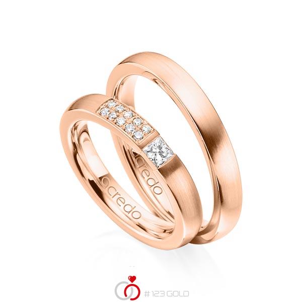 Set klassieke trouwringen in roodgoud 14 kt. met in totaal 0,25 ct. Princess-Diamant & Briljant tw/si van acredo - A-1292-5 Set klassieke trouwringen in roodgoud 14 kt. met in totaal 0,25 ct. Princess-Diamant & Briljant tw/si van acredo - A-1292-5