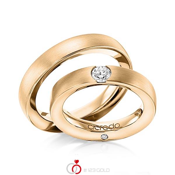 Set klassieke trouwringen in roségoud 14 kt. met 0,3 ct. + in totaal 0,03 ct. Briljant tw/si van acredo - A-1101-7 Set klassieke trouwringen in roségoud 14 kt. met 0,3 ct. + in totaal 0,03 ct. Briljant tw/si van acredo - A-1101-7
